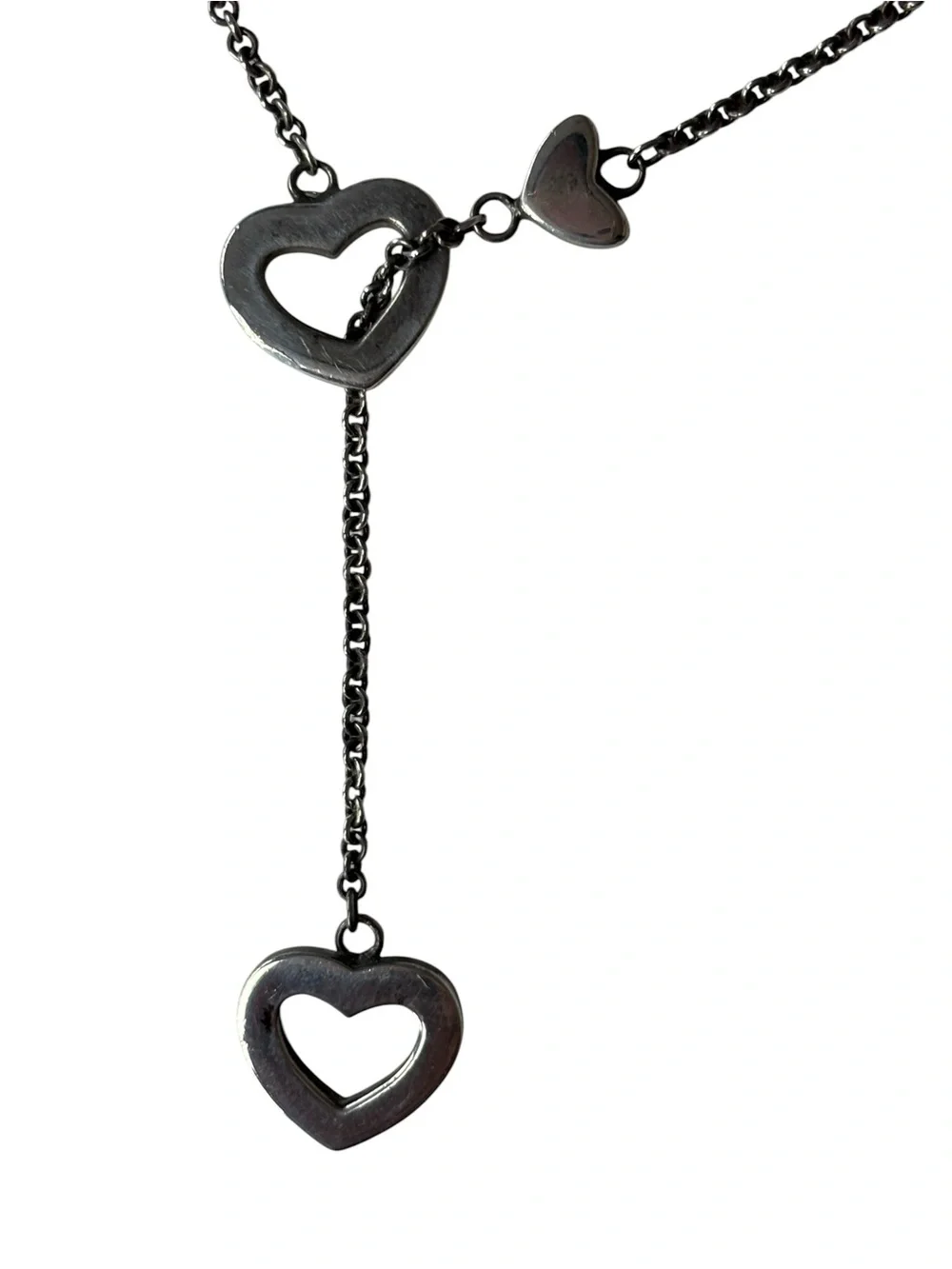 925 Marked Open Heart Station Lariat Necklace Silver Tone Chain Necklace - Picture 2 of 5